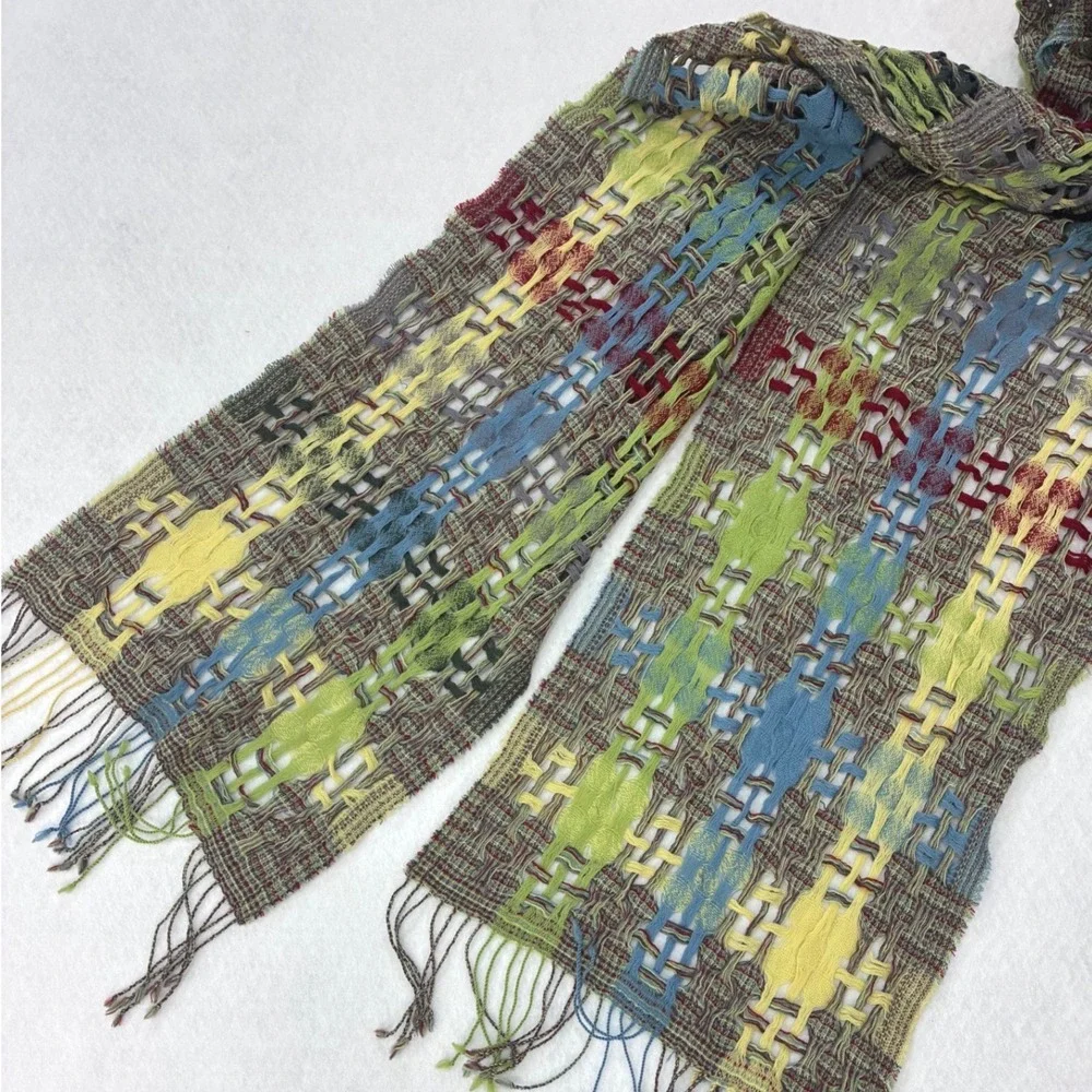 Steampunk Artisan Hand Woven Open Knit Fringe Scarf Shawl Multi-Color OS